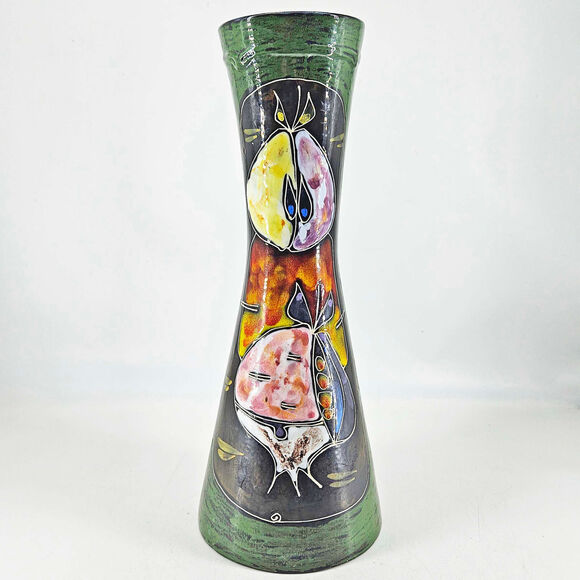 Numbered signed studio art pottery MCM abstract fruit tall vase Italy 12